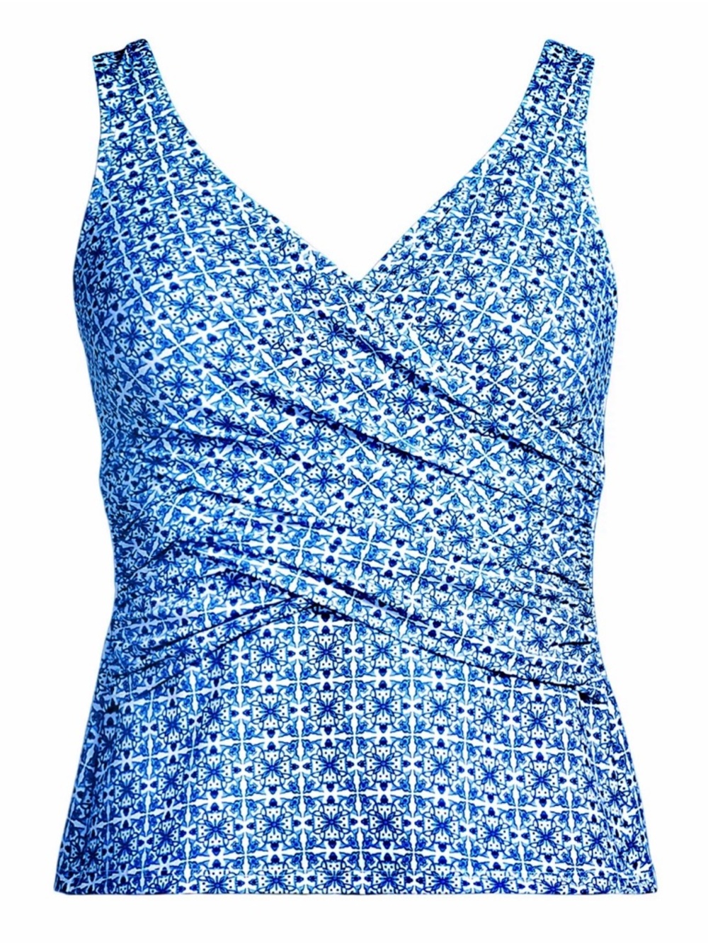 Lands' End Blue & White Geometric Print  Wrap Tankini Top